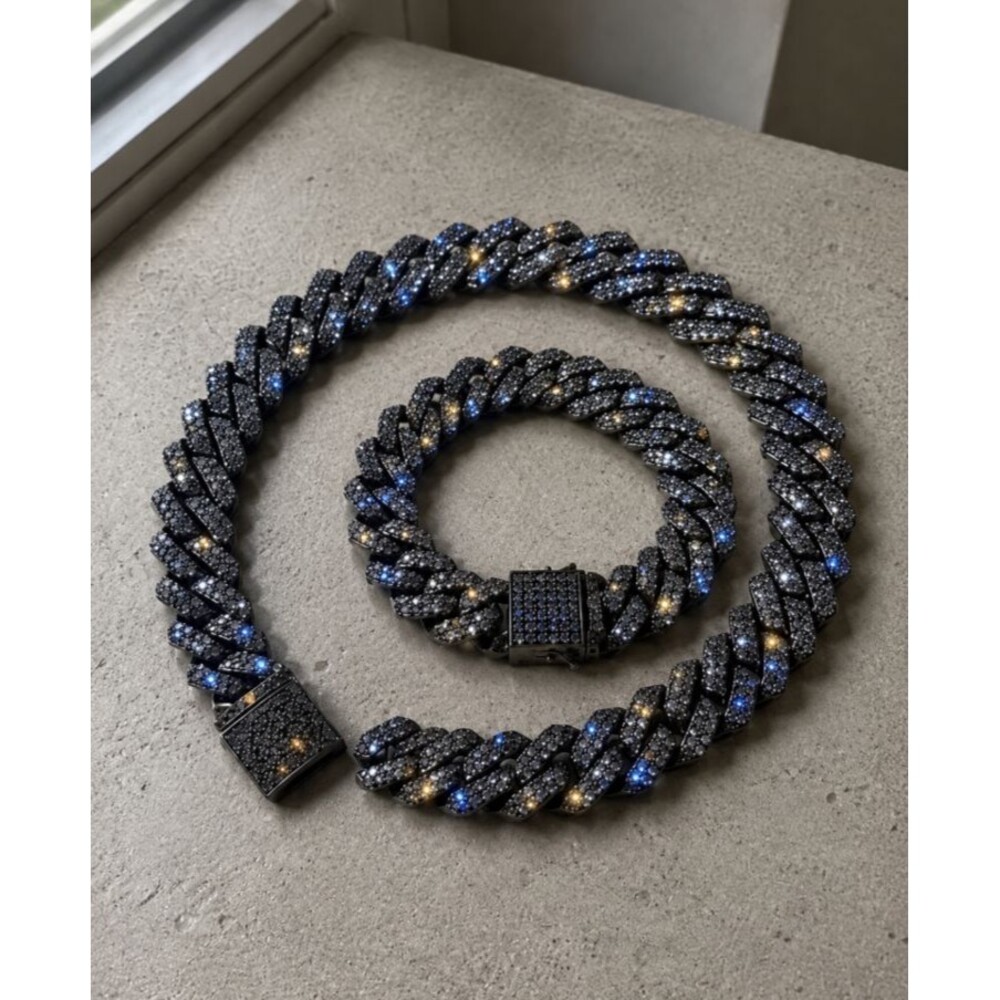 Black Diamond Iced Out 14mm Cuban Link Chain Necklace + Bracelet Simulated 18in
